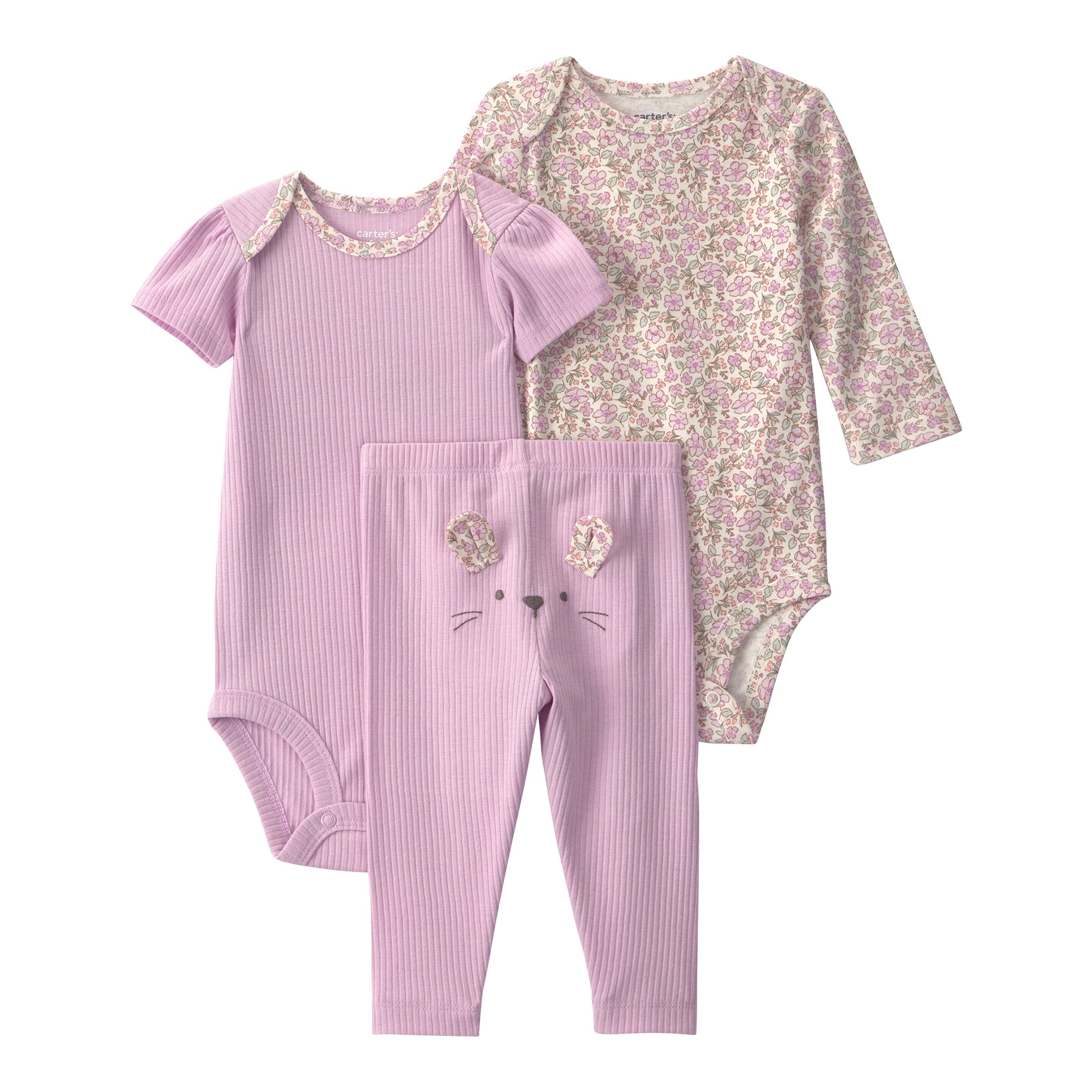 Carter's 3-tlg. Set Body kurzarm, Body langarm und Leggings Blumen Rippqualität